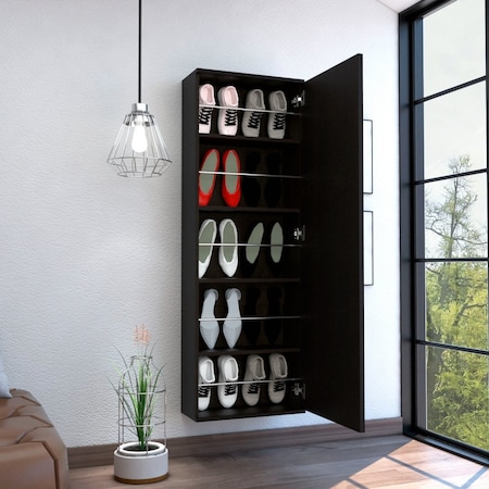 Leto Wall Mounted Shoe Rack With Mirror, Single Door, Capacity For Ten Shoes, Black